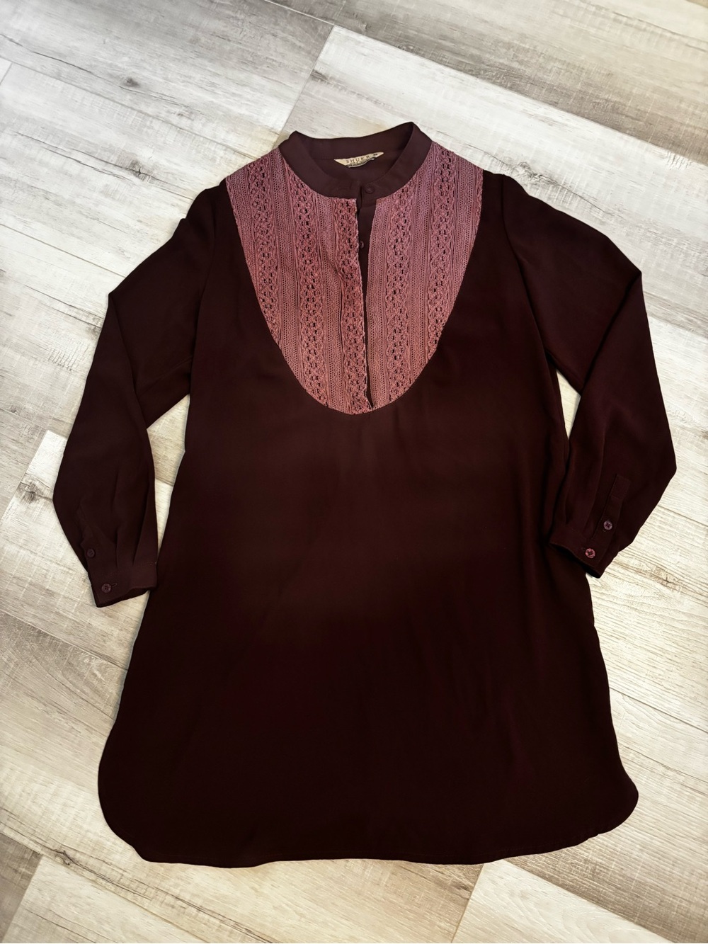 SHUKR Dark Maroon Lace Bib Tunic Blouse Boho Modest Long Sleeve Large